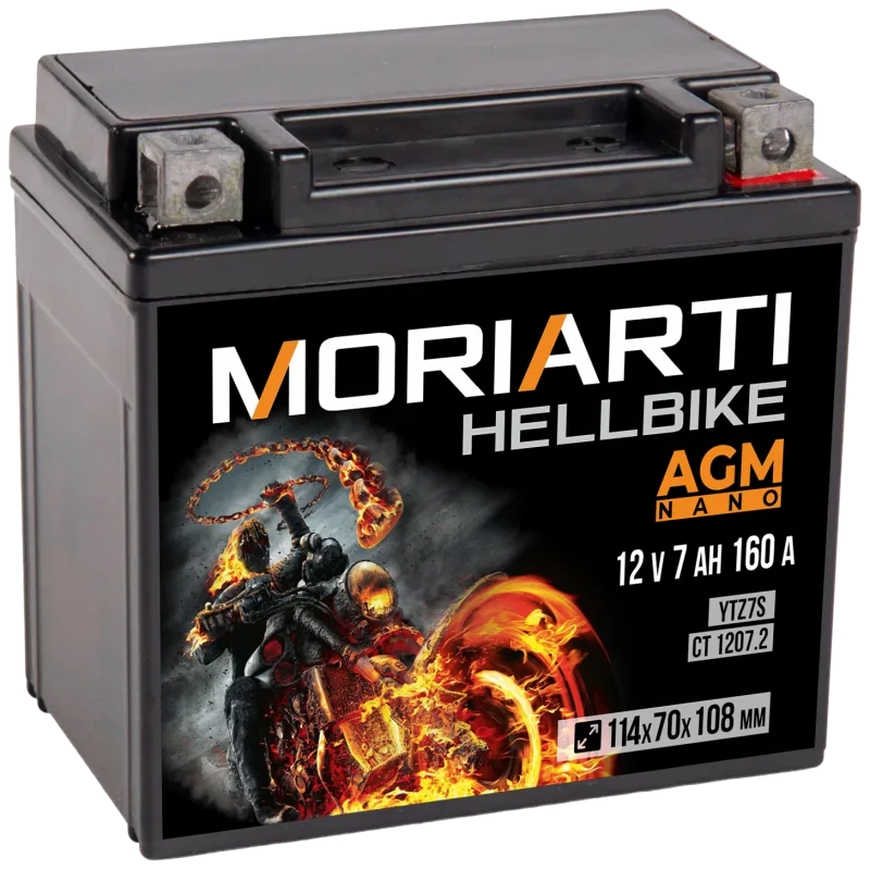 Аккумулятор для мототехники Moriarti HELL BIKE AGM 7Ач 160А обр. пол. 114х70х108 (YTZ7S, СТ 1207.2)