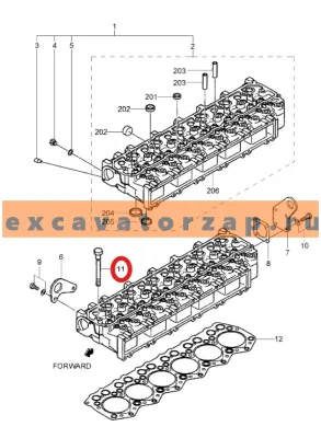 Болт ГБЦ (головки блока цилиндров) XJAF-00576, оригинал, HYUNDAI, двигателя экскаватора HYUNDAI R160LC7, R160LC9S, R170W7, R170W9S, R180LC7, R180LC9S, R180W9S, R95W3